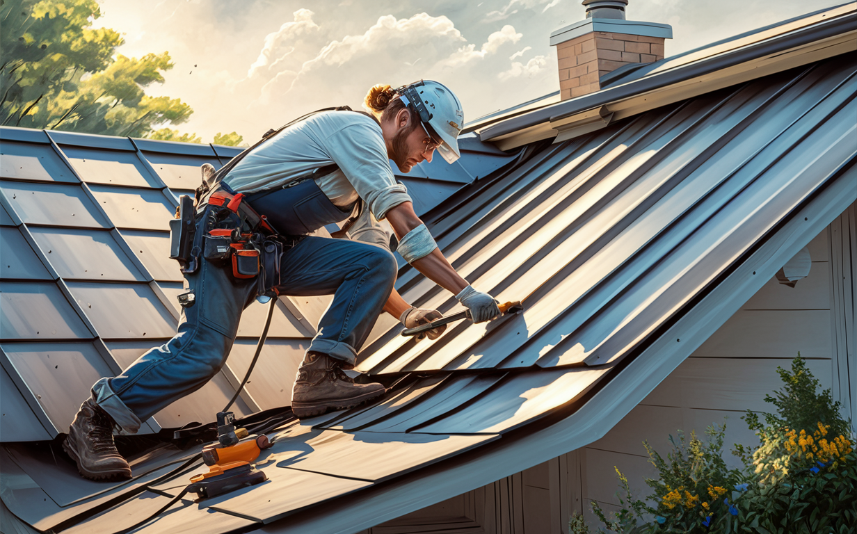 A skilled roofer carefully installing metal roofing panels on a residential building