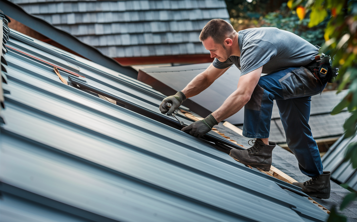 A hardworking roofer carefully installs metal roofing panels on a residential home, demonstrating the proper technique for a durable and weatherproof metal roof installation.