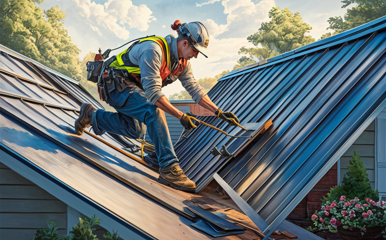 A roofer wearing protective gear carefully installs metal roofing panels on a slanted roof, demonstrating proper metal roofing installation techniques