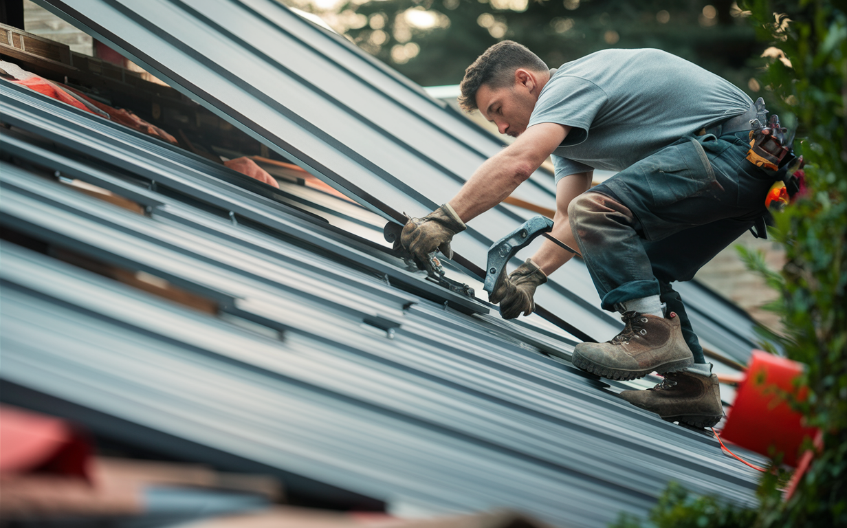 A worker wearing boots and gloves securely installs metal roofing panels on a residential building using specialized tools, demonstrating the skill required for proper metal roofing installation.