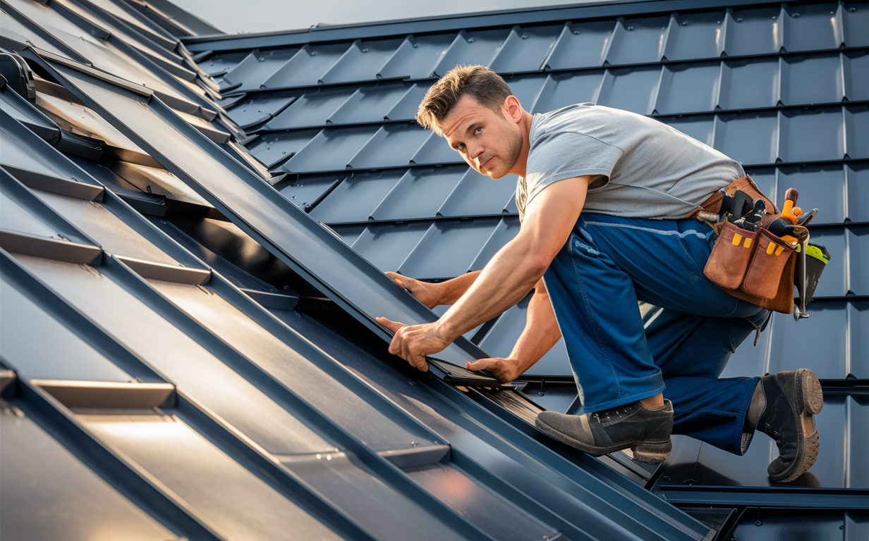 A roofer wearing protective gear and safety harness installing metal roofing panels on a residential building