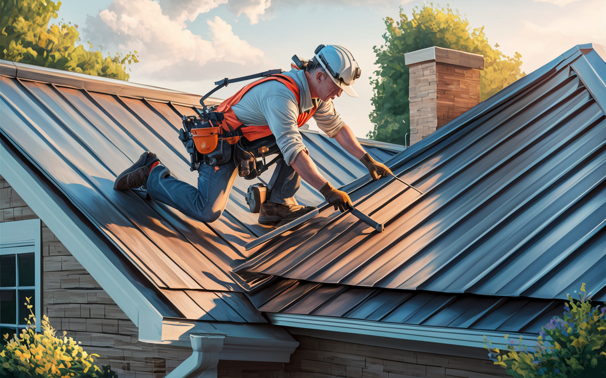 A skilled roofer carefully installing durable metal roof panels on a residential house