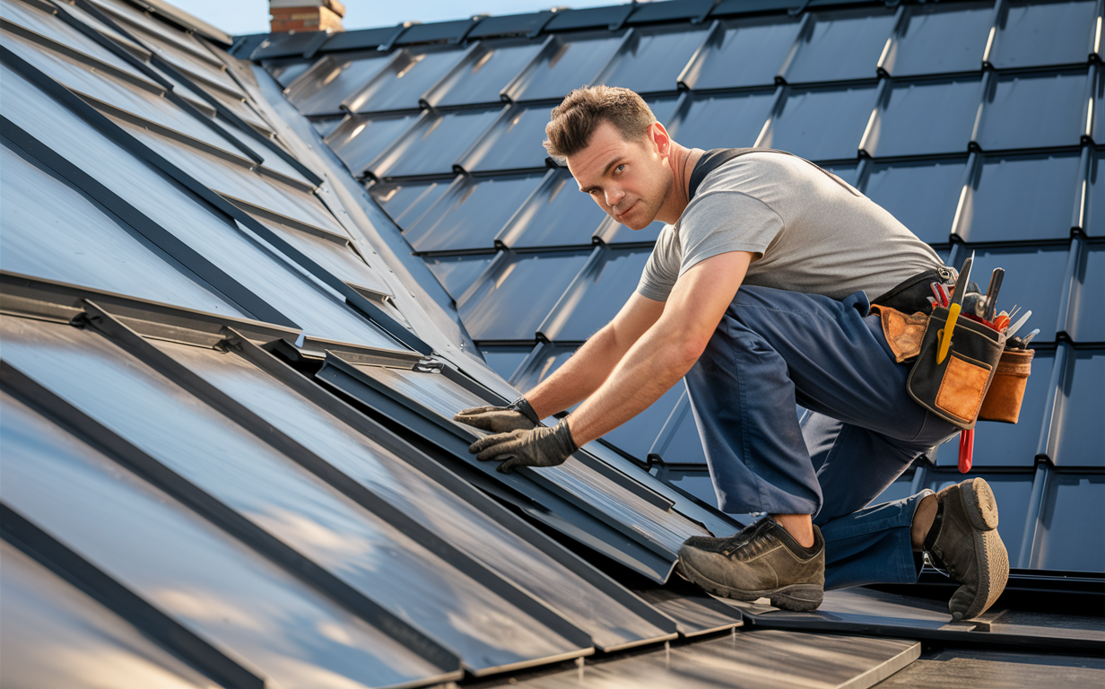 A roofer wearing work boots and a tool belt is crouching on a metal roof, carefully installing metal roof panels with gloved hands.