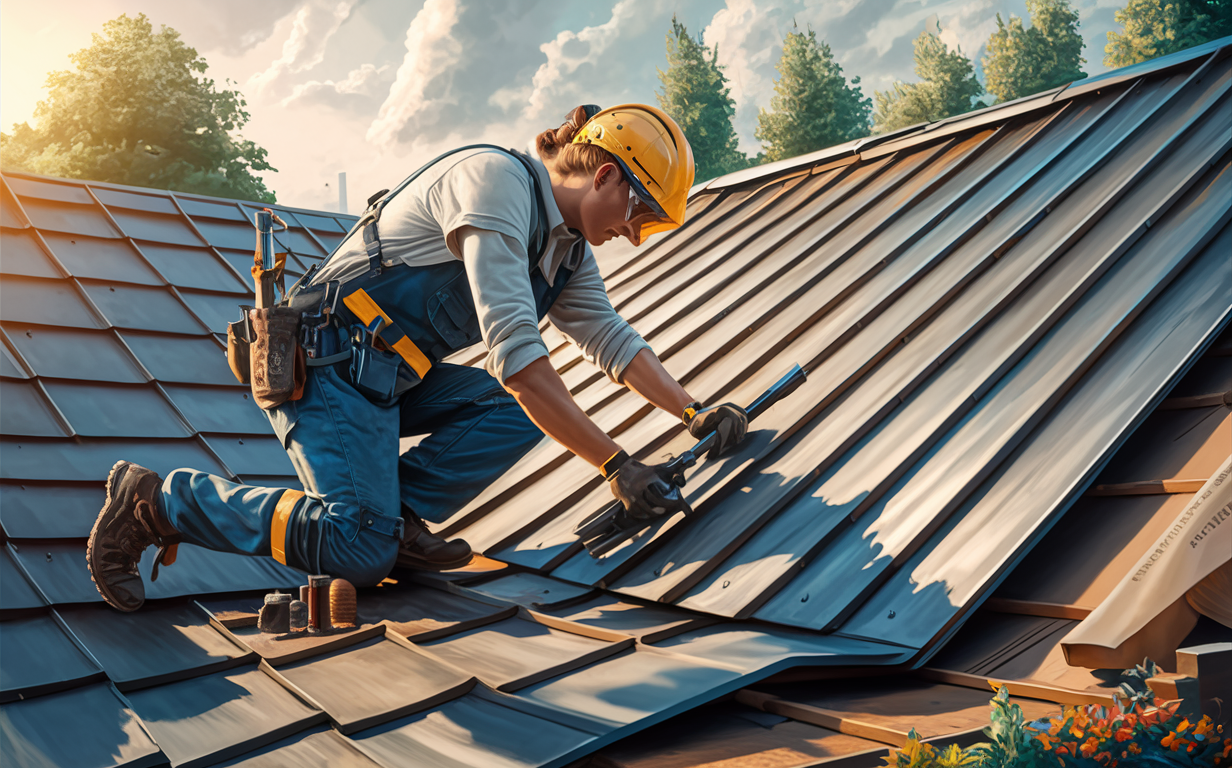 A construction worker wearing protective gear carefully installs metal roofing panels on a residential building, demonstrating the process of metal roof installation.