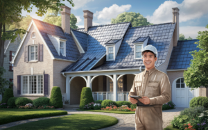 An image depicting a residential roofing contractor standing in front of a newly constructed home with a metal roof, holding a tablet and smiling, surrounded by a well-landscaped yard with trees and flowers.