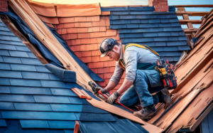 A skilled roofer carefully working on repairing and replacing shingles on a large residential roof