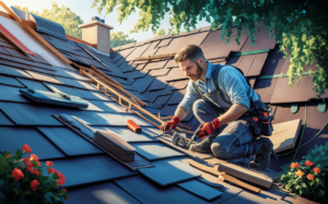 A skilled roofer carefully laying down new asphalt shingles on a slanted roof of a residential home, demonstrating the process of roof repair and replacement.