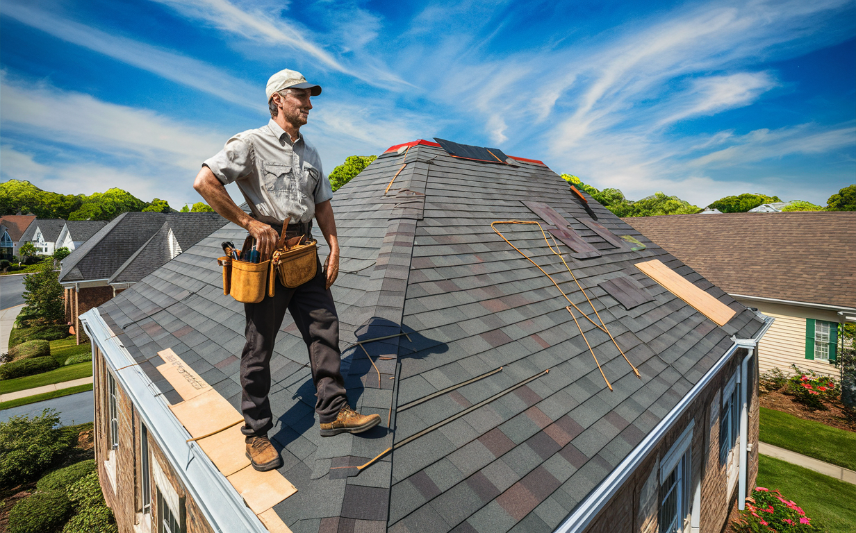 An experienced roofer wearing a cap and tool belt stands on a newly installed asphalt shingle roof of a residential home, surrounded by a neighborhood with well-maintained houses and trees under a bright sunny sky.