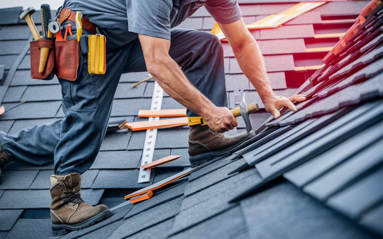 A professional roofer wearing work boots and carrying tools is performing roof repairs or installation on an asphalt shingle roof of a residential home.