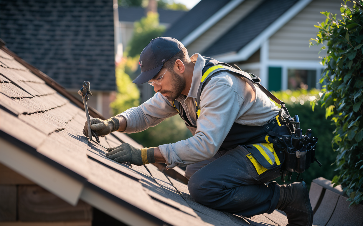 A skilled roofing professional working on the roof of a residential home, demonstrating the importance of hiring experienced and knowledgeable roofers for quality and safety.