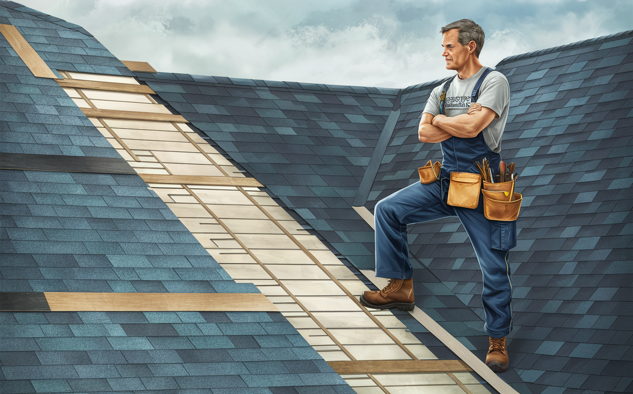 A skilled roofing contractor in work attire stands confidently on a slate roof, assessing its condition with an experienced eye.