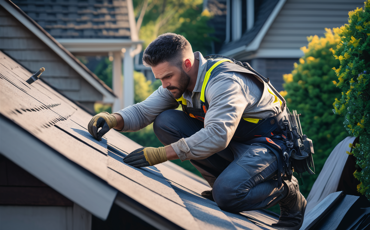 A professional roofer wearing a hard hat, safety harness, and work gear stands on a roof overlooking a neighborhood of houses, with roofing materials and tools surrounding him.