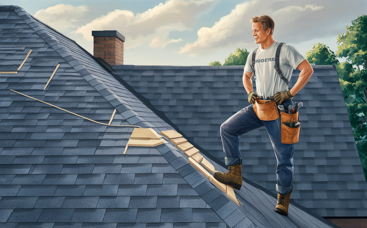 An experienced roofer standing on a slate roof, wearing a tool belt and work boots, with a skyline of clouds in the background