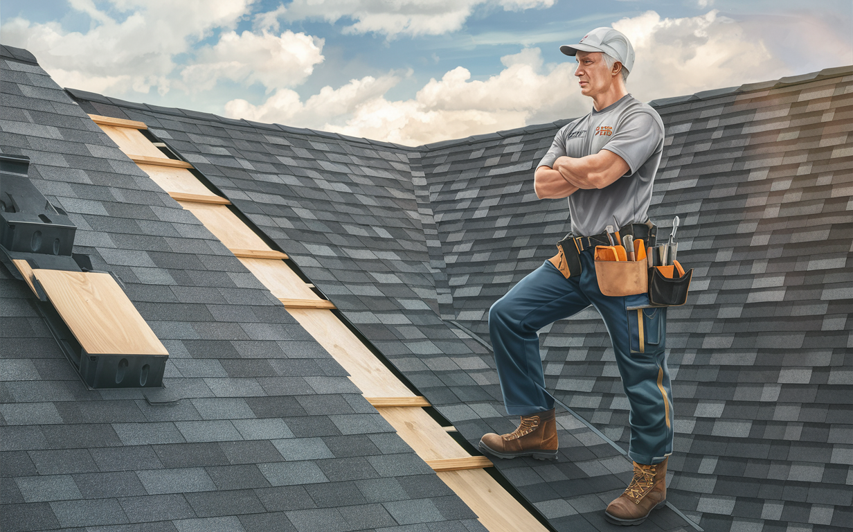 A skilled roofer wearing a gray shirt, tool belt, and work boots stands on a sloped roof, carefully installing new wooden shingles amid the existing shingle pattern.