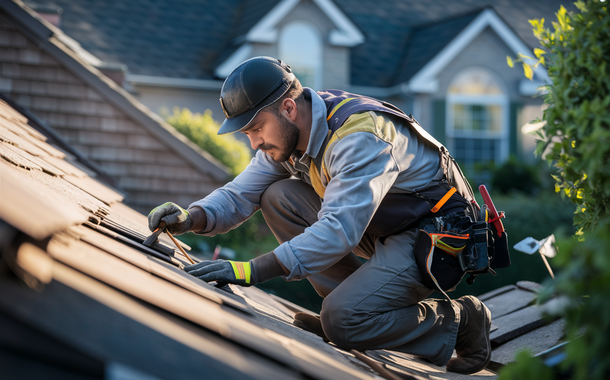 A professional roofer wearing protective gear and using tools while working on the roof of a residential house, demonstrating the importance of hiring experienced and skilled roofing professionals for quality and safe roofing services.