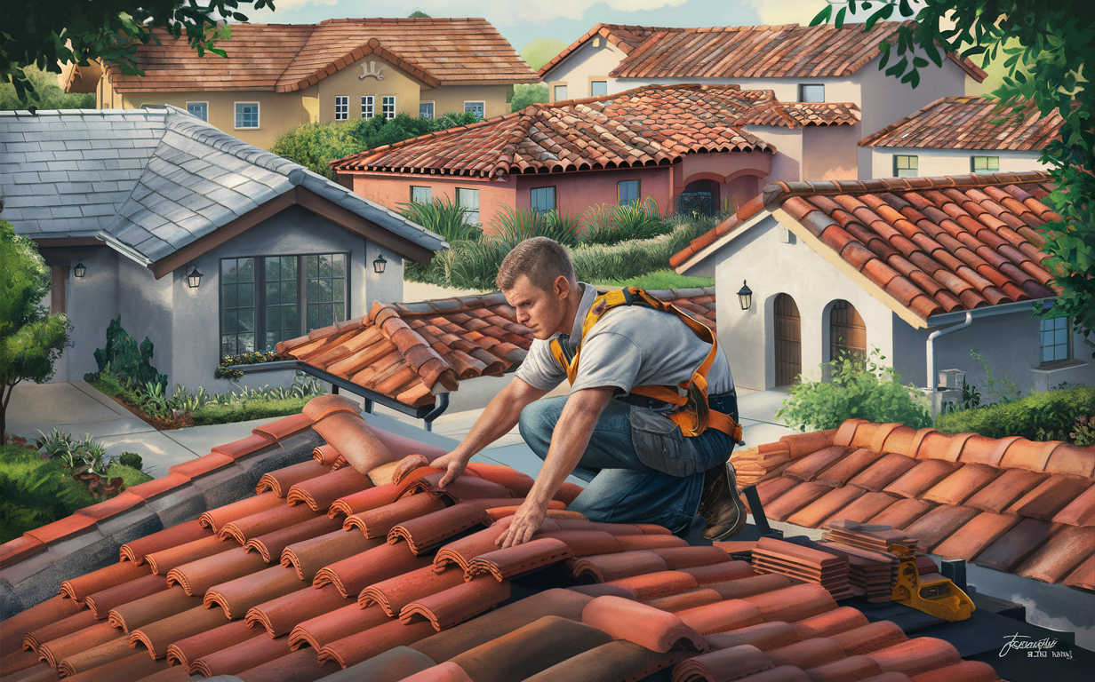 A roofer carefully installs clay or concrete tiles on the roof of a residential home in a neighborhood with various tile roof styles and colors.