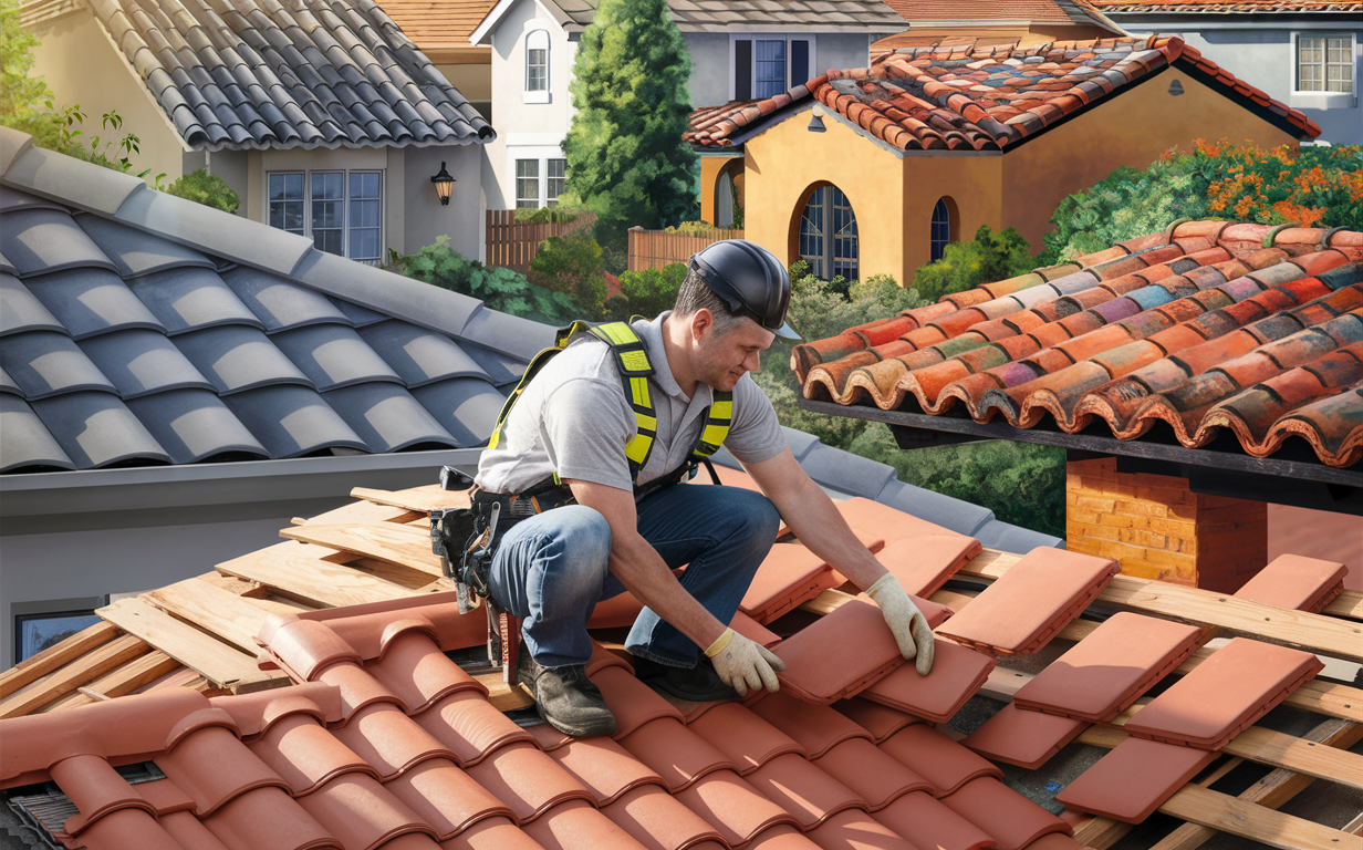 Image showing two residential houses with different roof tile materials - clay tiles on one roof and concrete tiles on the other roof. Workers are seen installing the tiles on the roofs.