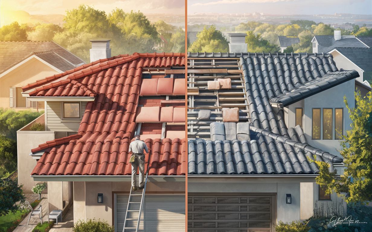 An illustration showing various roofing materials like clay tiles, concrete tiles, and metal roofing installed on different house styles with a worker on a ladder working on one of the roofs.