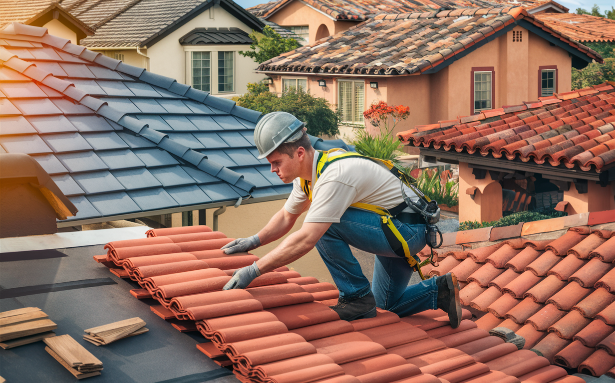 An image depicting a roofing contractor working on repairing or installing tiles on a residential roof, with a drone flying overhead, likely for inspection or surveying purposes. The scene showcases various houses with clay and concrete tiled roofs in a suburban neighborhood setting.