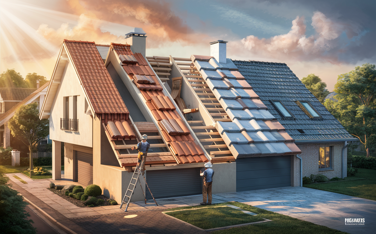 A side-by-side comparison of clay and concrete tile roofing installations, with workers shown installing the different tile types on residential homes against a scenic backdrop.