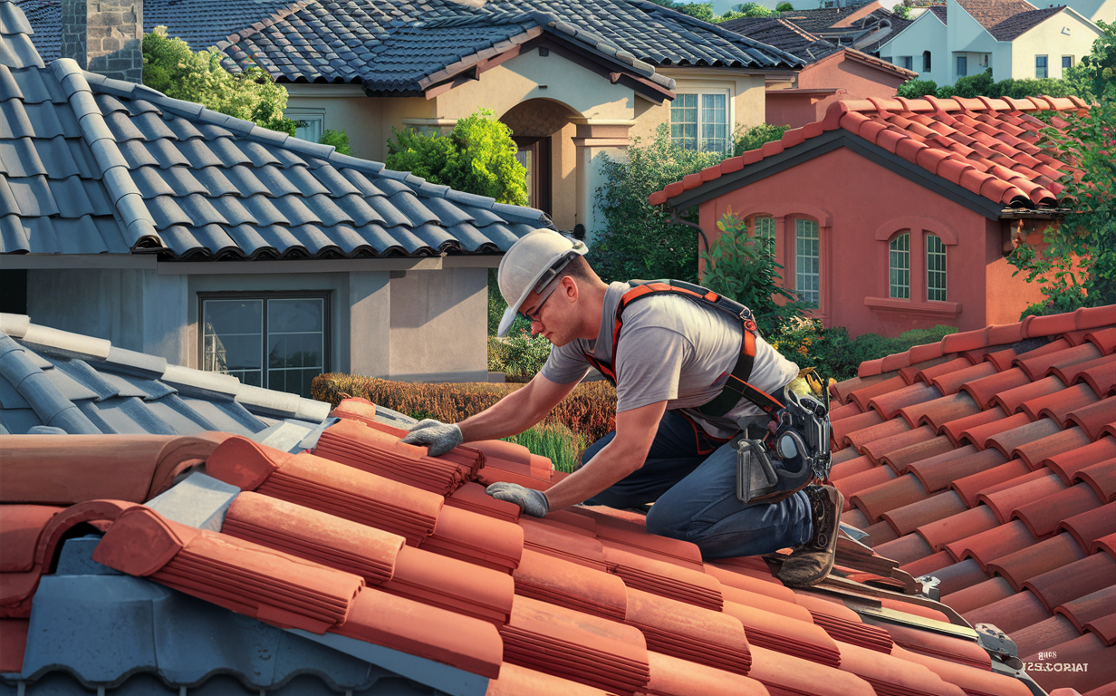 A roofing contractor wearing safety gear and working on installing clay tiles on a residential roof