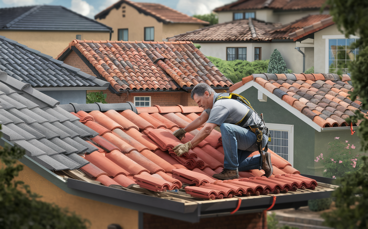 A worker wearing a hard hat and safety gear carefully installs clay roofing tiles on the sloped roof of a residential building with a Spanish-style architecture, surrounded by lush landscaping.