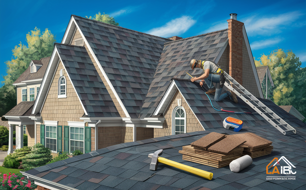 An image showing a roofer working on maintaining an asphalt shingle roof of a residential house. The roofer is on a ladder, and roofing materials like shingles, tools, and equipment are visible on the roof.