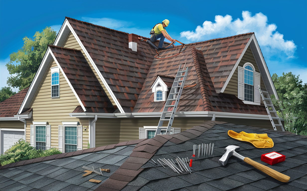 A roofer wearing a hard hat and safety gear is working on replacing the asphalt shingles on the roof of a residential house, using tools and materials on the roof deck.