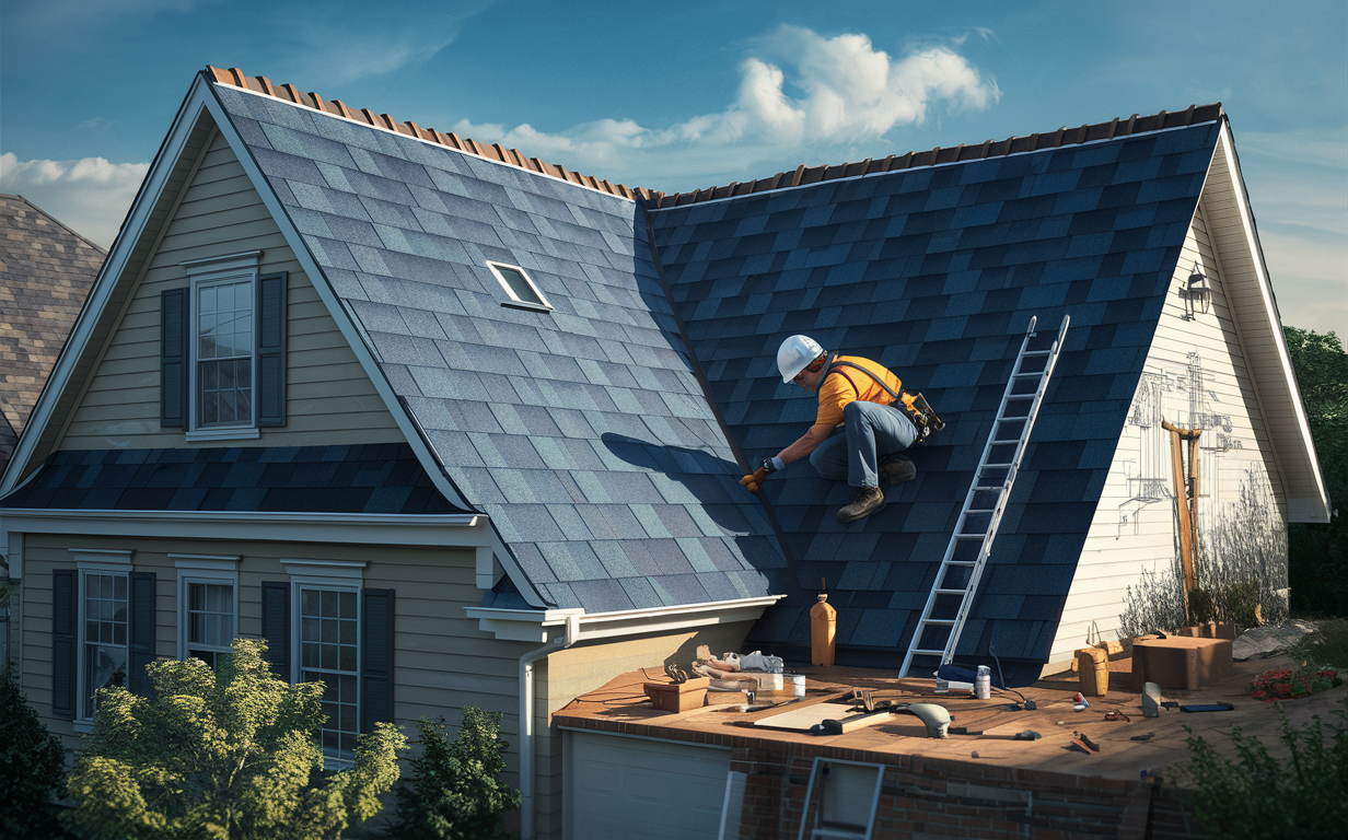 A worker in a yellow safety vest and blue jeans is carefully walking on the sloped roof of a house, using tools and materials to repair or replace damaged asphalt shingles. Various roofing tools like a hammer, nails, and roofing shingles are visible on the lower roof section.