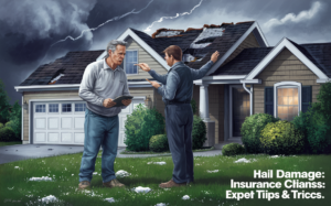 An image depicting a homeowner and an insurance adjuster discussing a hail damage claim on the property, with a stormy sky and lightning in the background.