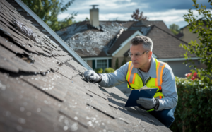 A roof inspector wearing a safety vest and gloves carefully inspects a residential roof for potential hail damage, taking notes on a clipboard. hail damage