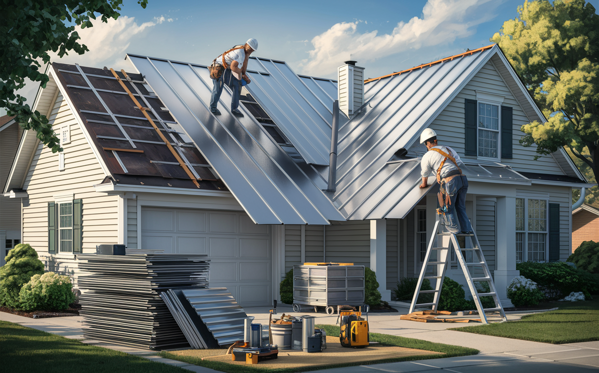 Two workers installing a new metal roof on a residential house, with roofing materials and equipment neatly organized on the lawn