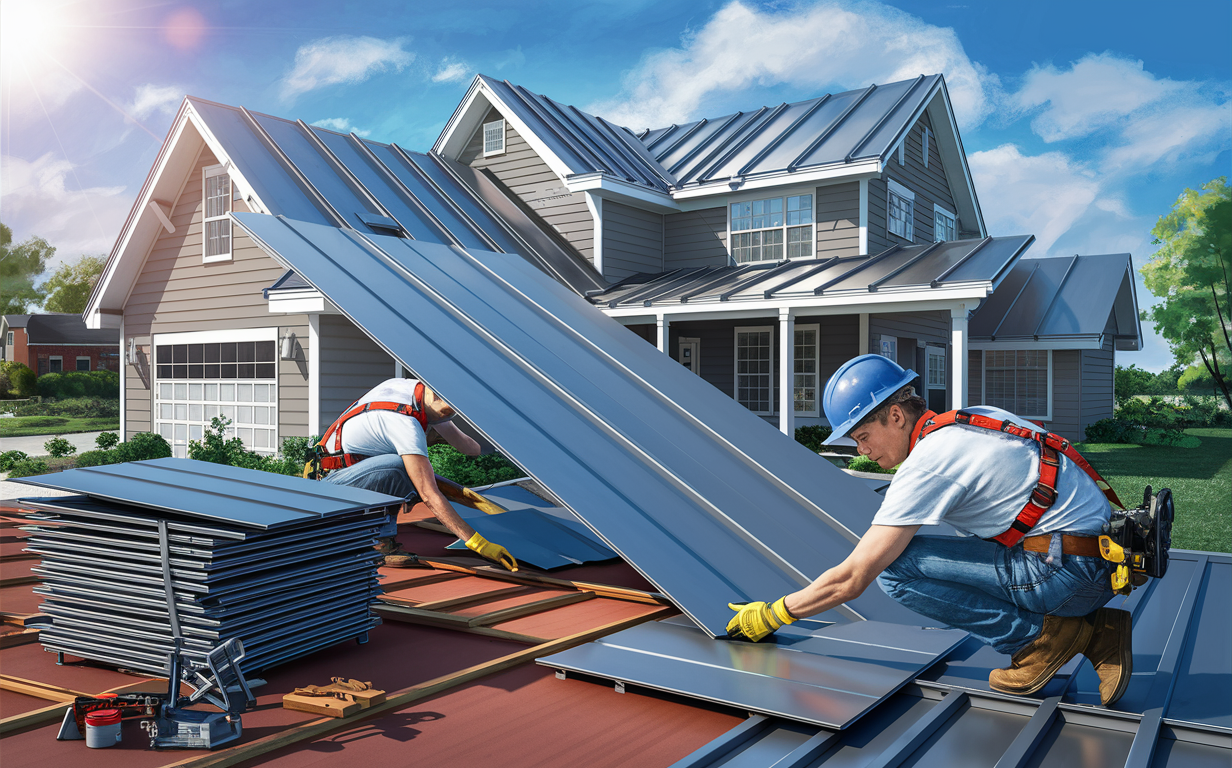 An image depicting construction workers installing a new metal roof on a residential house. Three workers are shown carefully laying and fastening metal roofing panels, with stacks of roofing materials and tools in the foreground.