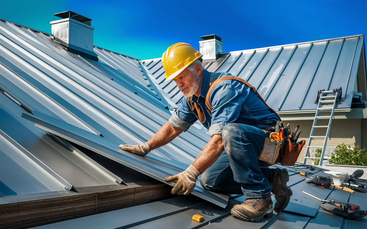 Two roofers working on installing metal roofing panels on the sloped roofs of several residential houses, with a sunny blue sky and clouds in the background