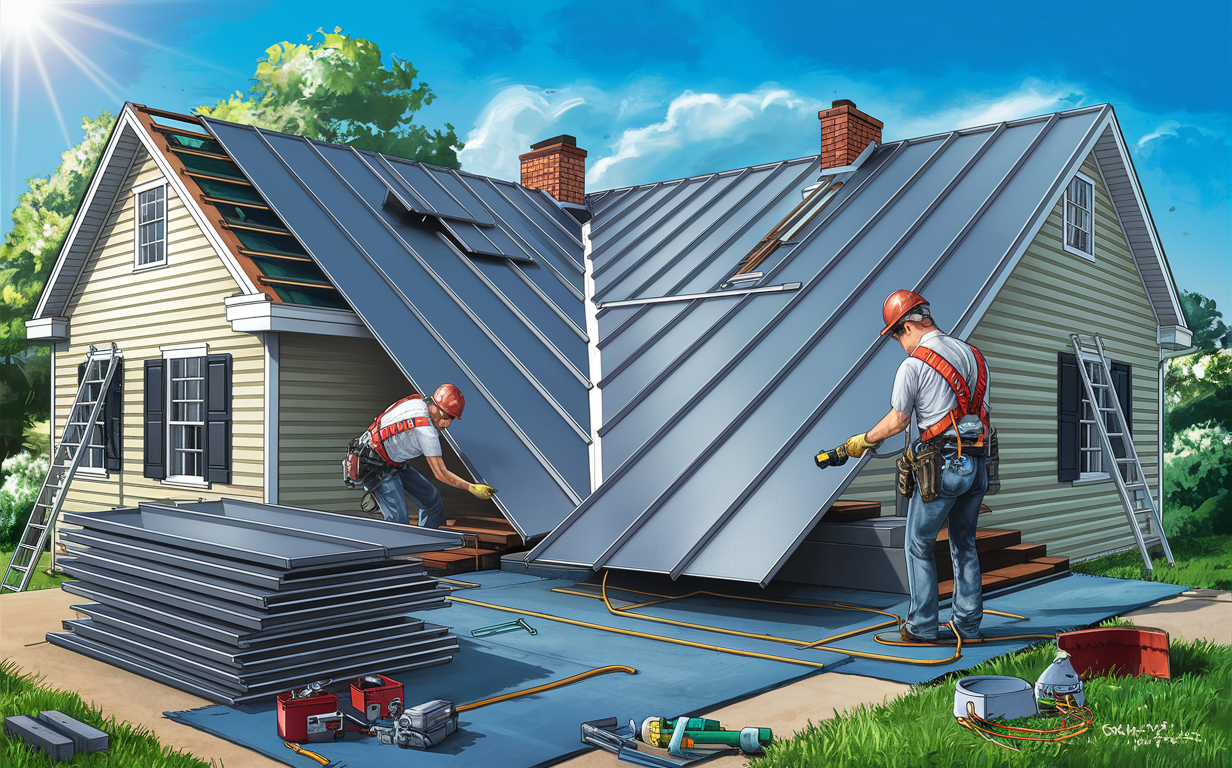 An illustration showing two roofers installing a new metal roof on a residential house, with materials and tools laid out on the ground.