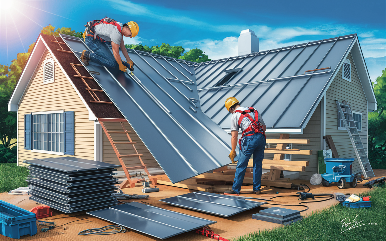 Two workers in hard hats and safety gear installing metal roofing panels on the slanted roof of a residential house, with stacks of roofing materials and tools on the ground nearby