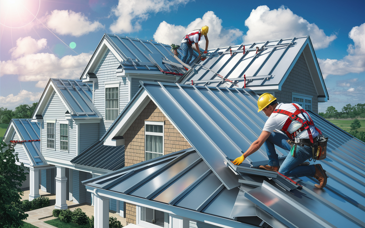 An elderly roofer wearing a yellow hard hat and work gear carefully installs metal roofing panels on a residential building under a bright blue sky.