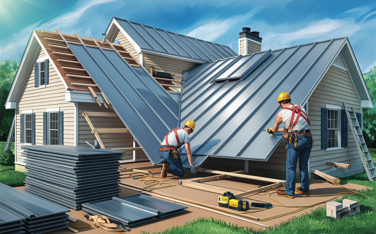 An illustration showing a team of roofers installing a new metal roof on a residential house. The workers are carefully handling and securing large metal roof panels on the sloped roof structure, with tools and materials neatly organized on the ground.