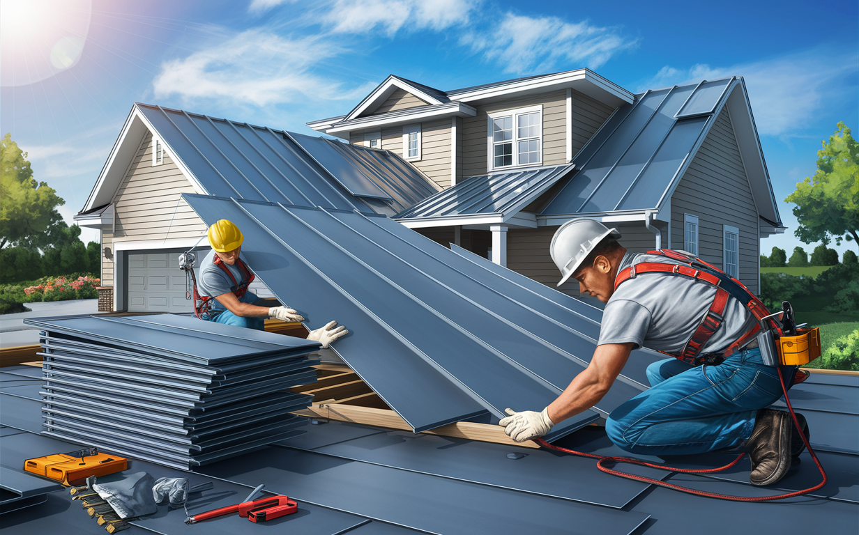 Two roofers installing metal roofing panels on a residential house, with tools and materials in the foreground