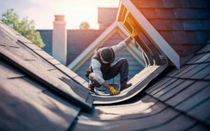 A worker carefully installing a new roof gutter system on a residential home, ensuring proper drainage and protection for the property.