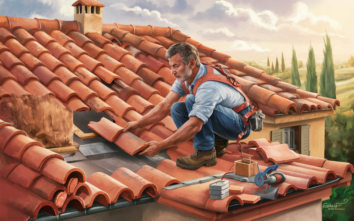 An image depicting a roofer carefully repairing and maintaining a traditional tiled roof on a building with a scenic countryside landscape in the background.