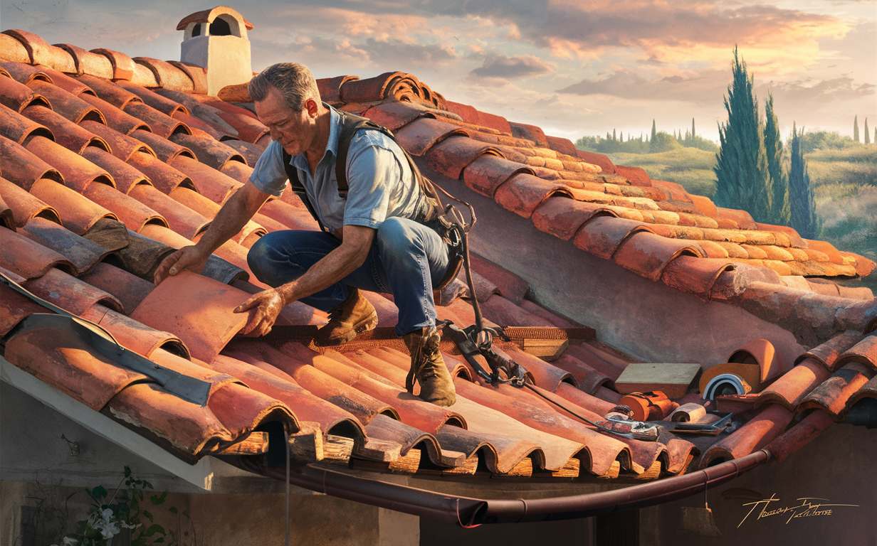 A roofer is working on repairing the red tile roof of a Southwestern-style home, surrounded by cypress trees in a desert landscape.