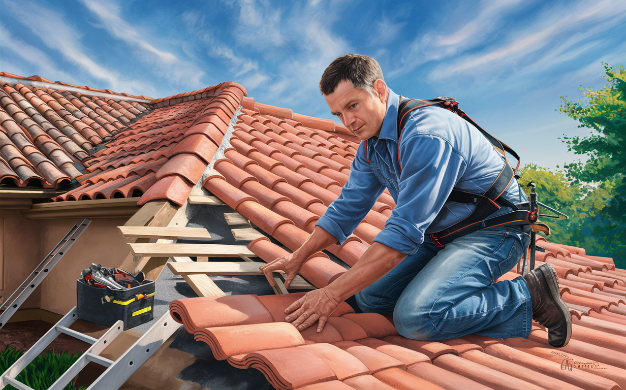 A skilled roofer carefully navigates a red tile roof, performing maintenance or repair work with a tool belt and ladder in the background against a blue cloudy sky.