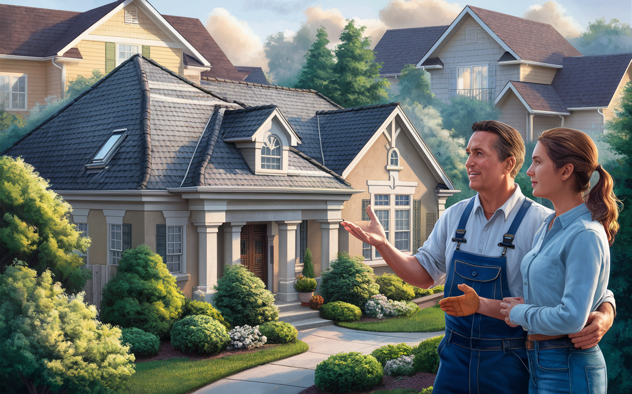 An image depicting a Roof Shield representative in a blue uniform gesturing and explaining roofing services to a homeowner in front of a beautiful residential house with a well-manicured landscape.